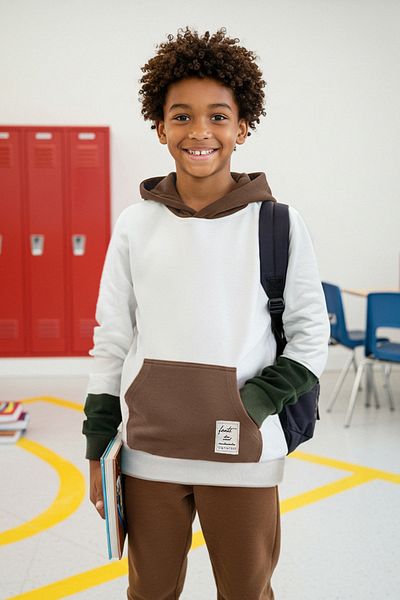 TRENDYOLKIDS Beige*001 Boy's 100% Cotton Solid Hooded Oversize Long Sleeve Knitted Sweatshirt Tkdaw26Sw00007