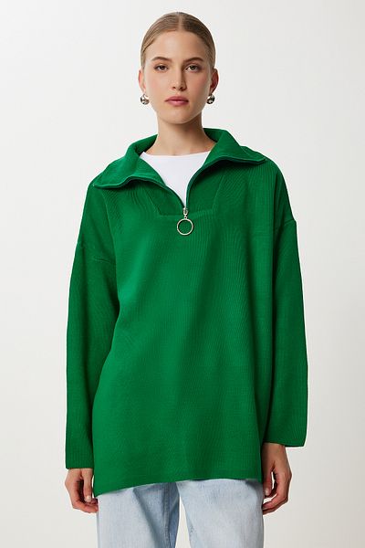 Happiness İstanbul Women's Dark Green Zippered Oversize Sweater Yy00263