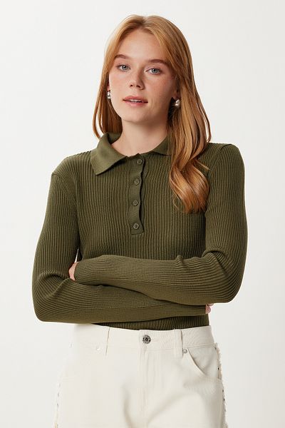 Happiness İstanbul Women's Khaki Polo Neck Ribbed Knitted Sweater Pf00119