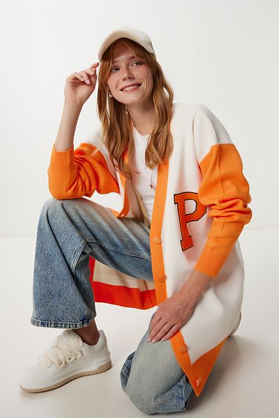 Happiness İstanbul Orangefarbener Oversize-Strickjacke in Kontrastfarbe für Damen YY00262
