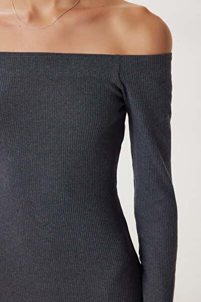 Happiness İstanbul Women's Anthracite Carmen Collar Ribbed Knitted Mini Dress Ub00467