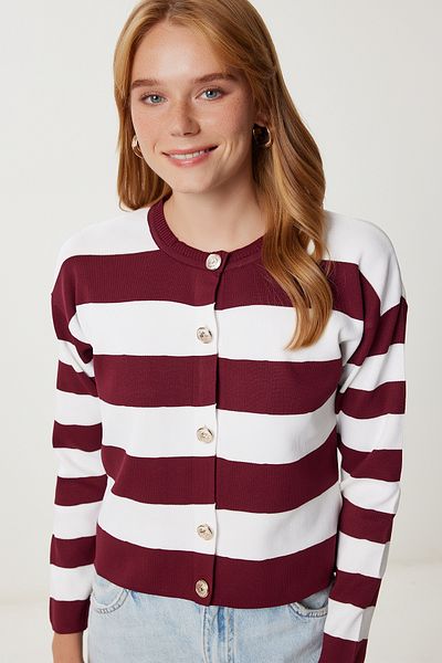 Happiness İstanbul Women's Burgundy White Stylish Buttoned Striped Knitwear Cardigan Ub00476