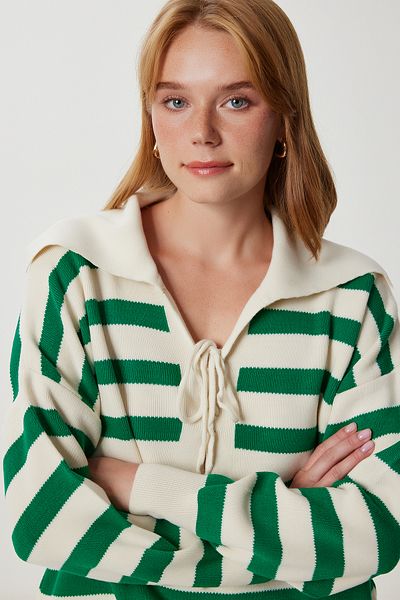 Happiness İstanbul Women's Bone Green Striped Tie Detailed Knitwear Sweater Ki̇00157