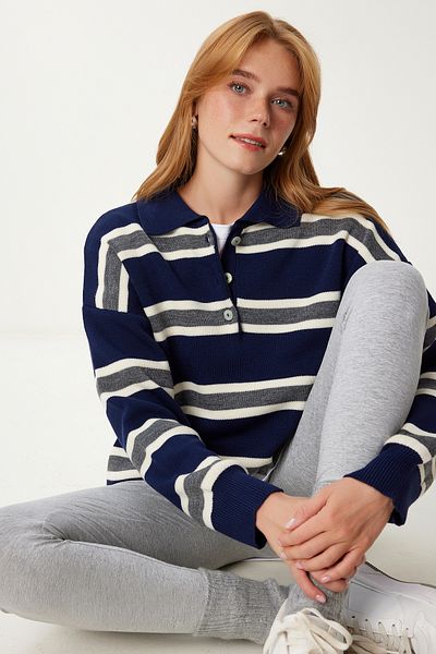 Happiness İstanbul Women's Navy Blue Bone Polo Neck Striped Knitwear Sweater Pf00117