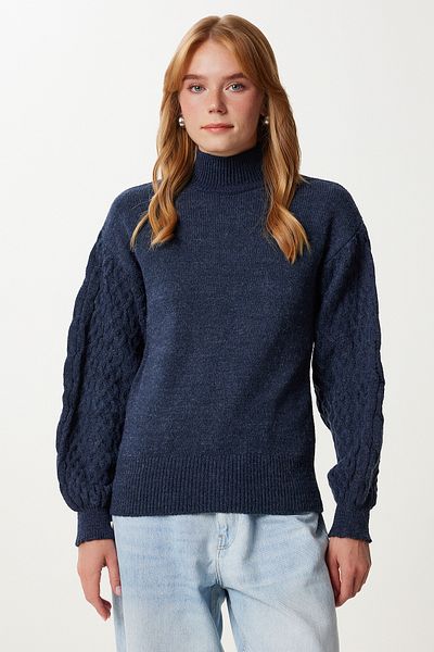 Happiness İstanbul Women's Navy Blue Turtleneck Back Low-Cut Knitwear Sweater Wa00004