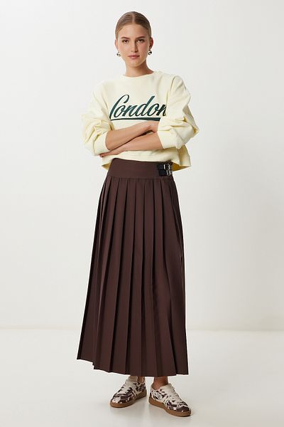 Happiness İstanbul Women's Brown Belt Detailed Pleated Woven Skirt Yy00266