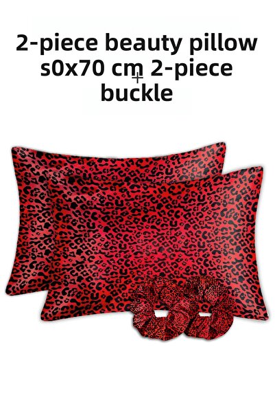 MonoHome Silk Satin Pillow Case and Buckle Red Leopard Satin 2Pcs 50X70Cm