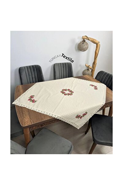 TUNCAY TEKSTİL Red Cross Stitched Copenaki Lacy Buldan Work Cross Stitch Monika Fiskos Tablecloth
