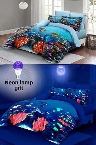 MonoHome Set cuvertură de pilota dublă - neon, fosfor, elastic, 100% bumbac satinat acvariu