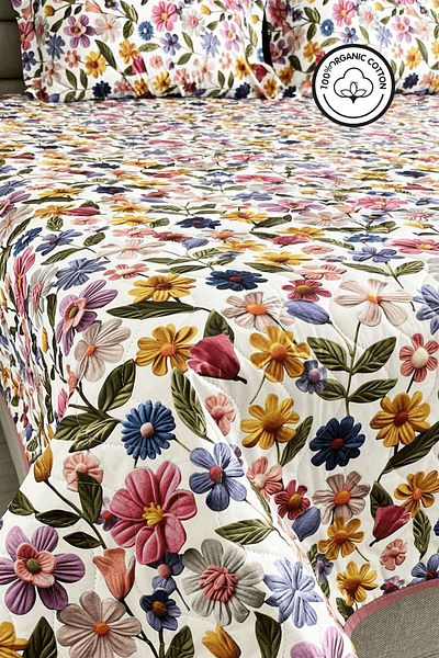 NANOSOFT 100% Cotton Quilted Digital Printed Bedspread – Botanic Bloom Double 200X230 cm