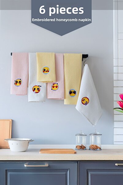 Vagonik نمط الرموز التعبيرية 40x60 100% قطن 6 قطع منشفة مطبخ مطرزة قماش للتجفيف