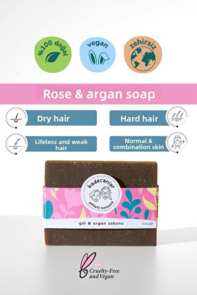 Badecanlar Şefkatli Kozmetik صابون مصنوع يدويًا بالورد والأرغان (شعر جاف، صلب...