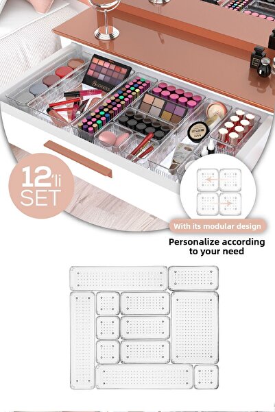 Vienev 12-Piece Transparent Drawer Organizer 3x(D.DKDRTGN) 4x(K.DKDRGN,K.KARE) 1x(O.DKDRGN)