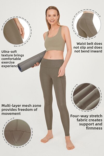 Los Ojos Colanți sport compacte cu dublu buzunar, kaki închis, cu talie înaltă