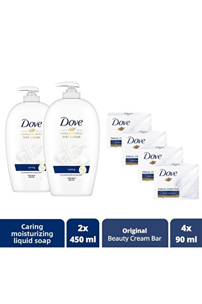 Dove Caring 450 ml X2 Hydrating Liquid Soap - Original 90 g X4 Beauty Cream Bar