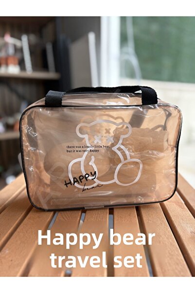 ARVALE Happy Bear Travel Set | Shower Loofah, Soap Dish, Comb with Transparent Organizer Bag
