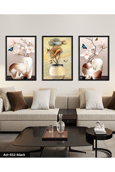 Evinemoda Flowers in a Vase 3 Pieces Black Wooden Framed Painting Act