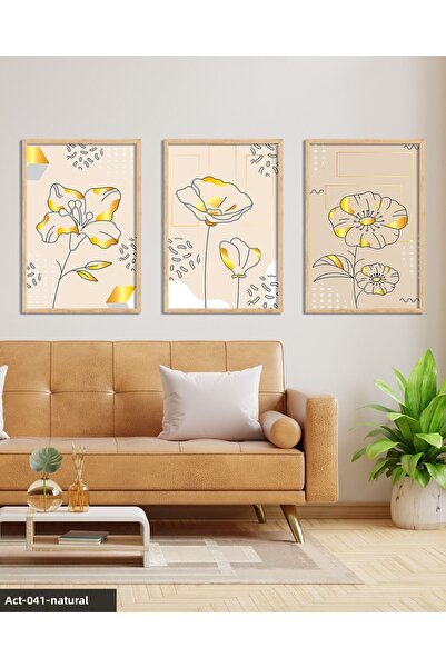 Evinemoda Drawing Flower 3 Piece Wooden Framed Painting Act