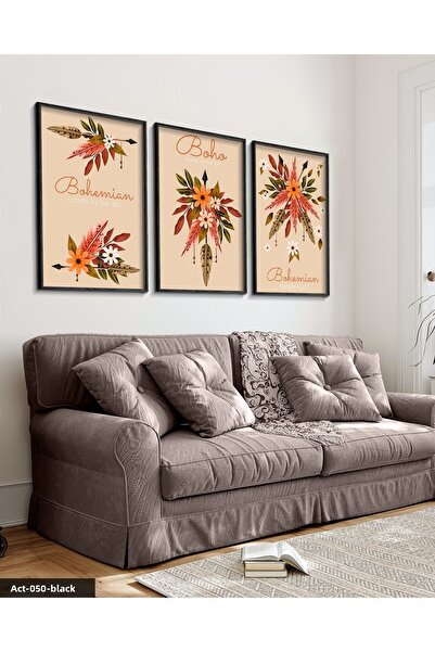 Evinemoda Boho Style, Flower, 3 Piece Black Wooden Framed Painting Act
