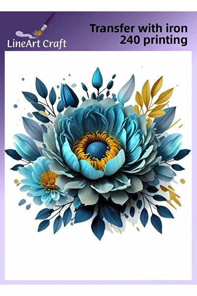 LİNEART طباعة نقل بالحديد على شكل زهرة زرقاء اللون ونقل القماش رقم: KMŞ240-18...