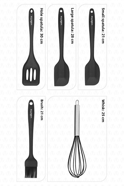 valletta Hidalgo Heat Resistant Fireproof Non-Stick 5 Piece Silicone Cooking Serving Set Black