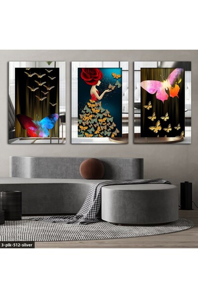 Evinemoda Kelebek Femeie Argintiu 3 Piese Plexi Oglindă Tabla