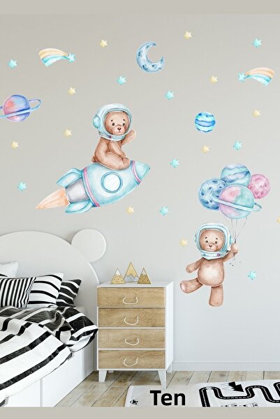 Sim Tasarım Sim376 رائد الفضاء الدببة والكواكب الفضاء مجموعة ملصقات الحائط غر...