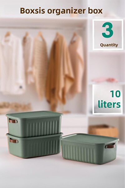 Bayev Green Organizer Box with Lid - 3 Pieces of 10 Lt In-Cabinet Organizer