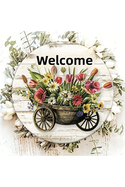 Dekor Vagonu مرحبًا بكم في زخرفة باب عربة اليد المكتوبة والمليئة بالزهور، ديكور ربيعي ريفي