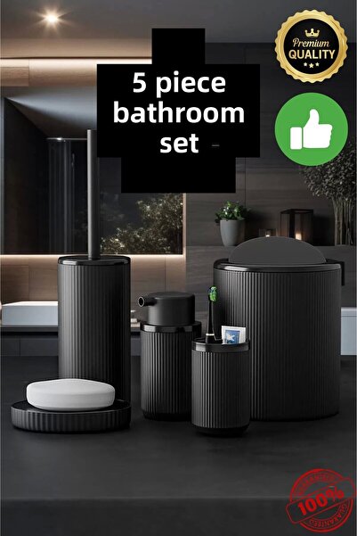 LaraThec طقم حمام صديق للبيئة مكون من 5 قطع باللون الأسود المخطط يشمل سلة مهم...