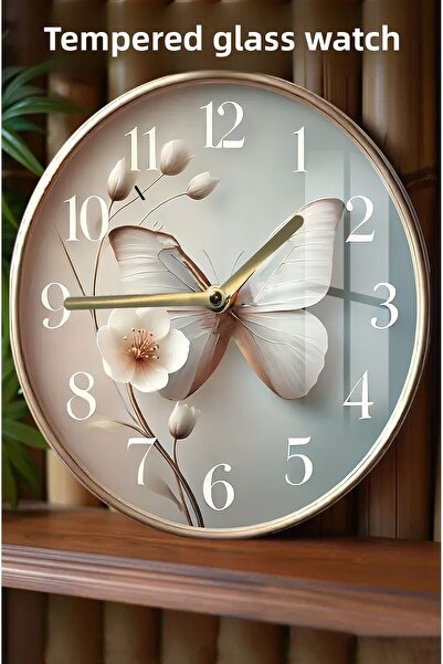 kutuTR ساعة من الزجاج المقوى بتصميم ثلاثي الأبعاد على شكل فراشة وزهرة - 33 سم CSDW276