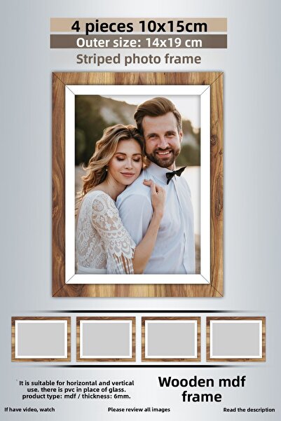Bytwo 4 Pieces 10X15 Frame - Wooden-White Striped Frame - Mdf Frame - Pvc Photo Frame