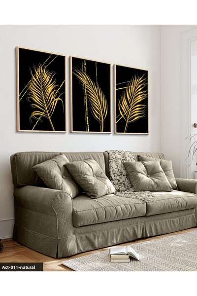Evinemoda Gold Feather Pattern 3 Piece Wooden Framed Painting Act