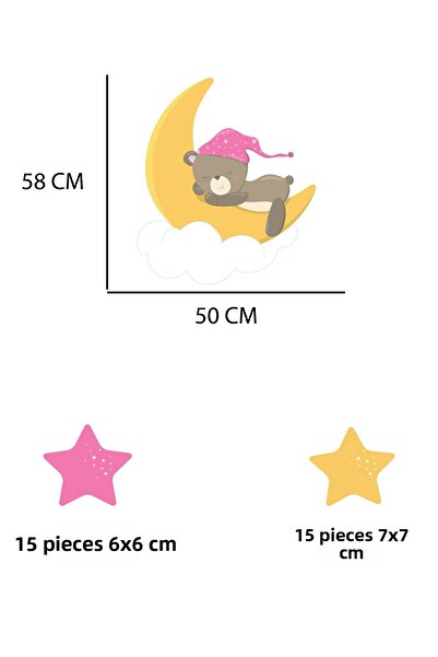 Tilki Dünyası Sleeping Teddy Bear on the Cloud Cute Moon Pink And Yellow Stars Kids Room Wall Sticker