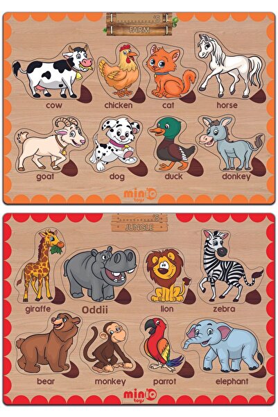 minİQ toys مجموعة من ألغاز تعليمية خشبية لحيوانات الغابة والمزرعة الإنجليزية