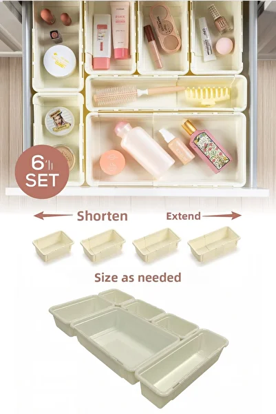 Vienev Set of 6 Adjustable Drawer Organizer Boxes – Extendable and Shortenable Organizer Set (3A1B1C1D)