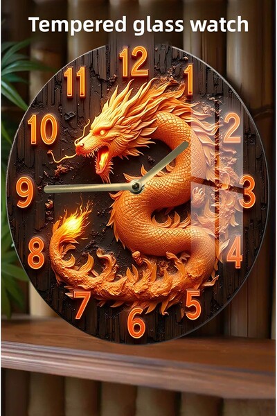 kutuTR ساعة من الزجاج المقسى بتصميم ثلاثي الأبعاد بطابع التنين اللهب - 33 سم ...
