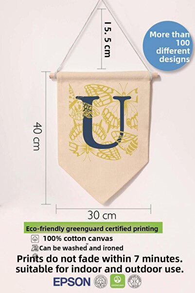 Postifull Kids Room Decor, Wall Ornament, Wooden Baby Room Decor, Canvas Pennant, Navy Blue and Yellow Floral Pattern