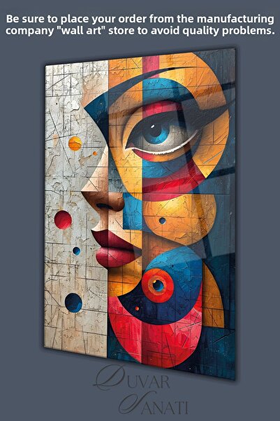 duvarsanatı Colorful Abstract Woman Face Vertical Glass Painting, Modern Home...
