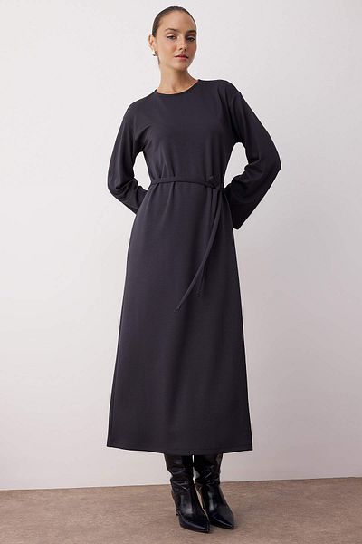 Trendyol Modest Anthracite Unlined Plain Knitted Belt Detailed Soft Fabric Interlock Hijab Dress Tctaw26Eb00024