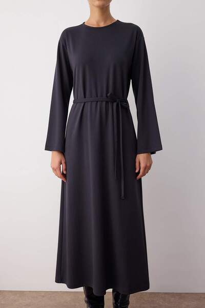 Trendyol Modest Anthracite Unlined Belt Detailed Soft Fabric Interlock Knitted Dress Tctaw26Eb00024