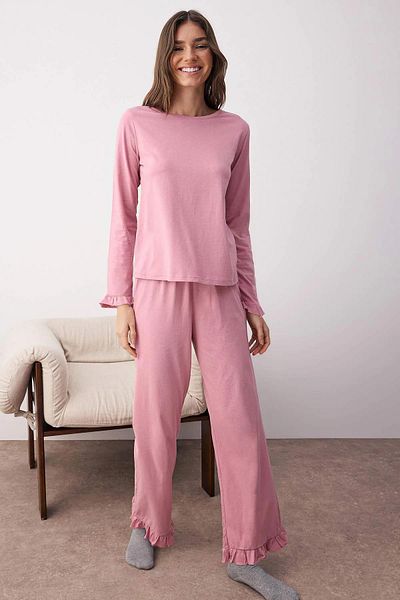 Trendyol Collection Dusty Rose 100% Cotton Ruffle Knitted Pajamas Set Thmaw26Pt00057