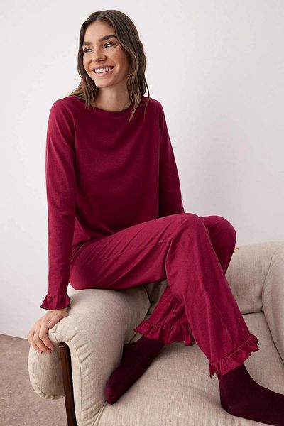 Trendyol Collection Burgundy 100% Cotton Ruffled Knit Pajama Set THMAW26PT00057