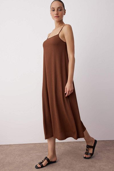 Trendyol Collection Brown Straight Adjustable Strap A-Line Wrap/Textured Knitted Maxi Dress Twoss24El00060
