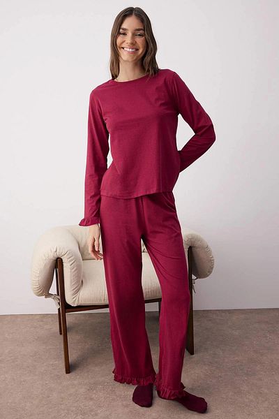 Trendyol Collection Burgundy 100% Cotton Ruffled Knit Pajama Set THMAW26PT00057