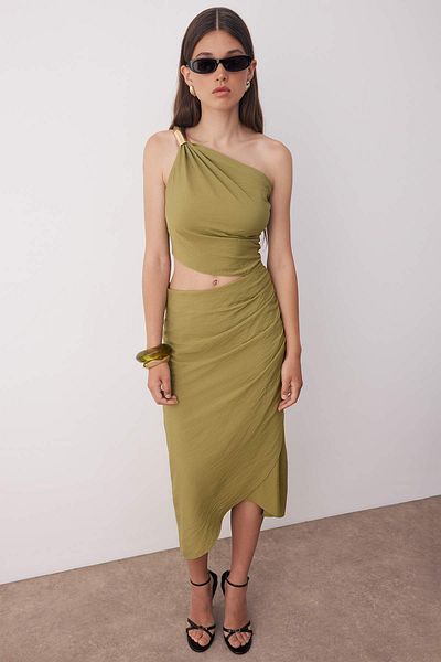Trendyol Collection Khaki Waist Cut-Out Detailed Woven Dress Twoss25El00887