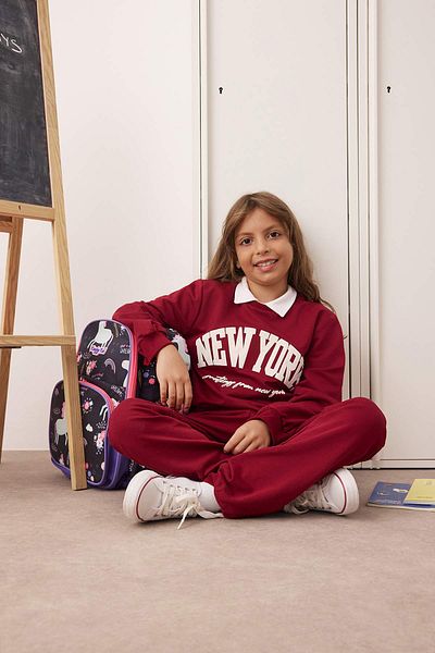 TRENDYOLKIDS Burgundy Slogan Knitted Bottom - Top Set Tkdaw25Au00038