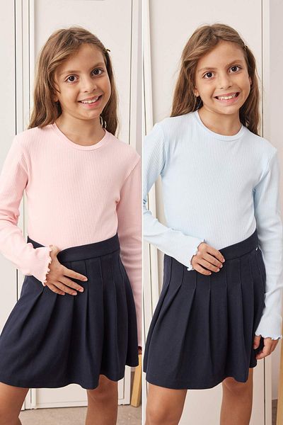 TRENDYOLKIDS Pink-Blue 2 Pack Girls 100% Cotton Solid Crew Neck Regular Knitted T-Shirt Tkdaw26Ts00001