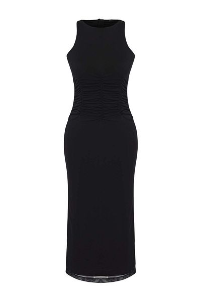 Trendyol Collection Черна плетена рокля от тюл с флорален принт и облегалка, миди кройка и подплата за абитуриентски бал