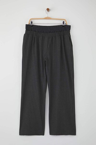 Trendyol Curve Anthracite Elastic Wide Leg Striped Plus Size Trousers Tbbaw26Ar00014